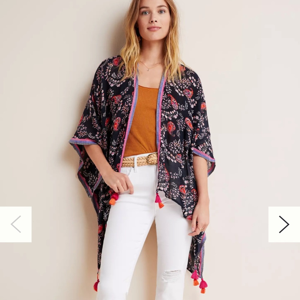anthropologie elizabeth gillett paisley tasseled kimono floral black